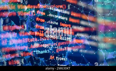 SEO optimization. Modern tech. PHP syntax highlighted. Writing programming functions on laptop. Big data and Internet of things trend. Stock Photo