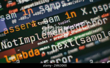 SEO optimization. Modern tech. PHP syntax highlighted. Writing programming functions on laptop. Big data and Internet of things trend. Stock Photo
