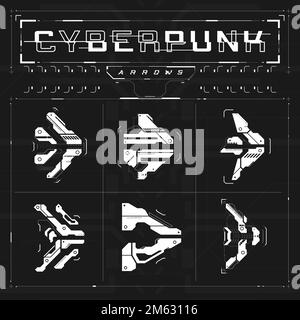 Set of cyberpunk arrows. Kit of futuristic interface cyber elements. Cyberpunk pointers, direction. Collection of tech style arrows for design of game Stock Vector