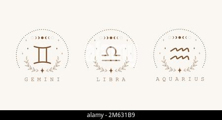 Gemini, libra, aquarius. Air zodiac signs in boho style. Astrological icons on white background. Mystery and esoteric. Horoscope vector illustration Stock Vector
