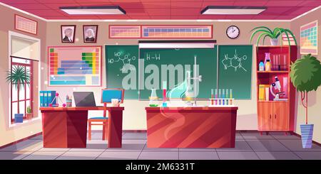Chemistry classroom interior, vector cartoon illustration. School room with teachers desk, lab experiment equipment, board with formulae on wall, chemicals in bottles on shelves. Science and education Stock Vector