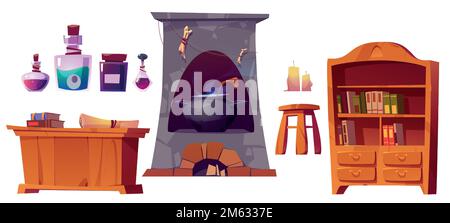 Alchemist laboratory or shop interior set with books, magic potions, table, cupboard, candles and cauldron in stove isolated on white background, vector cartoon illustration Stock Vector