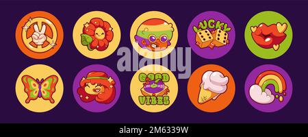 Retro groovy icons with hippie characters, flower, butterfly, rainbow, ice cream, peace sign and dices. Vintage circle stickers with funky symbols, vector set in contemporary style Stock Vector