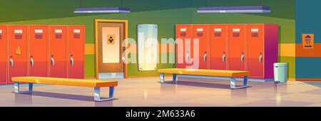 Empty dressing room background with individual metal lockers, benches, mirror and shower sign on wall. Contemporary vector illustration of space for changing clothes at school, sports gym or hospital Stock Vector