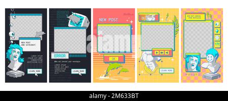 Set of social media app design templates for mobile gadget, black and colorful retro software windows. Vector illustration of groovy 90s backgrounds with psychedelic antique statues and png frames Stock Vector