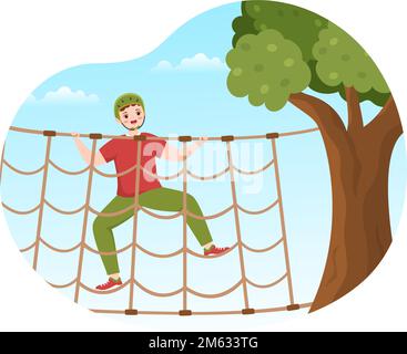 Zip Line Illustration With Visitors Walking On An Obstacle Course And 