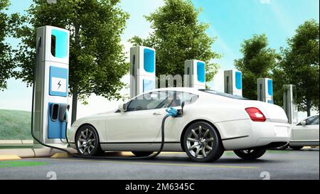 Electric car charging station. Focus on charging point at car parking lot. Future transport technology and clean energy concept. 3D illustration. Stock Photo