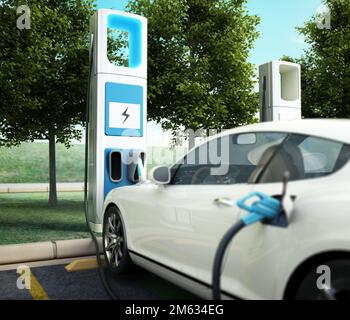 Electric car charging station. Focus on charging point at car parking lot. Future transport technology and clean energy concept. 3D illustration. Stock Photo