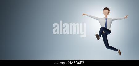 Businessman cartoon character jumping pose isolated on light blue background. 3d rendering Stock Photo