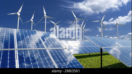 Solar panels and wind generators under blue sky. Eco, clean, sustainable energy concept. 3d rendering Stock Photo