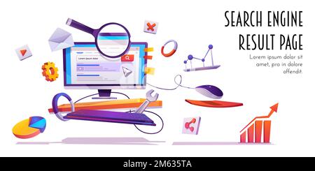 Search engine result page, SERP banner. Computer monitor with website browser information on screen, magnifying glass and infographic elements, internet surfing algorithm, Cartoon vector illustration Stock Vector