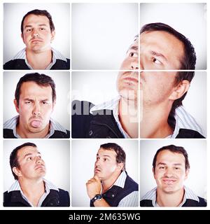 Hes a multi-faceted man. Composite shot of the many expressions of people. Stock Photo
