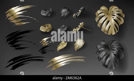 Tropical black and gold monstera leaves on dark background vector set. Beautiful botanical isolated design element, tropic jungle plant, exotic philodendron leaf and black and golden paint smears Stock Vector