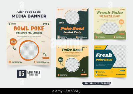 Healthy food menu advertisement template bundle with abstract shapes. Restaurant discount service promotional web banner collection with off white and Stock Vector