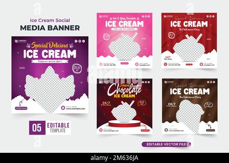 Tasty dessert promotional poster bundle designed with purple and dark colors. Ice cream business social media post collection for marketing. Delicious Stock Vector