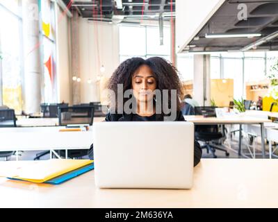 Focused African American woman with Afro hairstyle sitting at table using netbook while working on business project in modern workspace Stock Photo