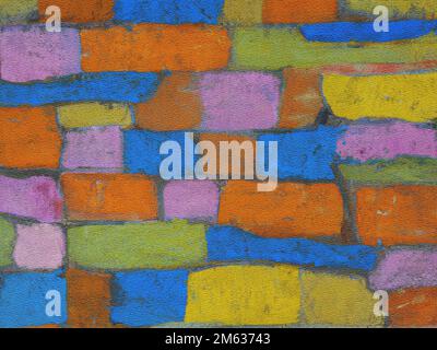 Abstract textured background of multicolored bricks of different sizes and shapes painted together Stock Photo