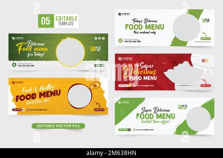 Delicious food menu promotional web banner collection for social media cover. Special food menu banner template bundle with abstract shapes and brush Stock Vector