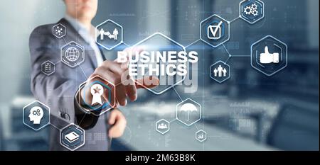 Business ethics Behavior and manners concept. Businessman pressing button on virtual screen Stock Photo