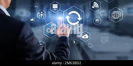 Businessman pressing button on touch screen interface select Update. Icon Stock Photo