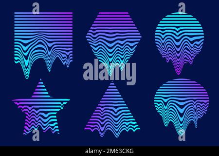 Cyberpunk neon geometric elements. Set of vintage striped melted shapes with holographic gradient. Memphis retro design. Vector futuristic art. Stock Vector