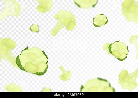 Cauliflower background. Flying fresh cauliflower on transparent background. Flat design. Falling cauliflower, isolated vegetables. Nature product. Vec Stock Vector