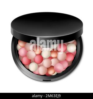 Blush balls, powder balls in round black case with mirror, colorful blush balloons, realistic 3d vector illustration, isolated on white background. De Stock Vector