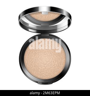 Face compact makeup powder. Realistic cosmetic glow baked powder in the black round plastic case with mirror. Isolated on white background. Top view. Stock Vector