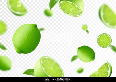 Lime background. Flying whole, half and slices of fresh lime. Unfocused and blurry effect. Can be used for wallpaper, banner, poster, print, fabric, w Stock Vector