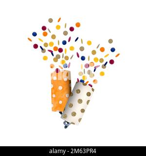 Colorful party poppers with confetti watercolor illustration, hand drawn holiday crackers isolated on white background. Stock Photo