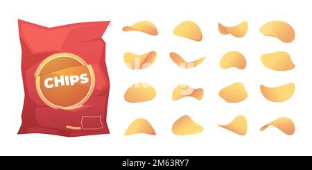 Cartoon potato chips. Salty french fries vegetarian snack, fast food fried appetizer package with crunchy crisps flat style. Vector isolated set of food potato pattern illustration Stock Vector