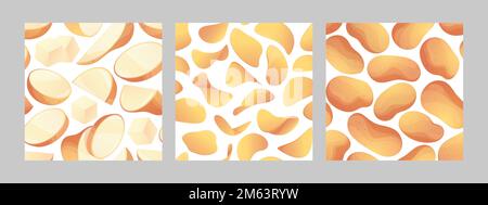 Potato pattern. Seamless print collection with whole vegetables french fries chips cartoon style, fast food backgrounds. Vector texture set of food seamless pattern, vegan potato chips illustration Stock Vector