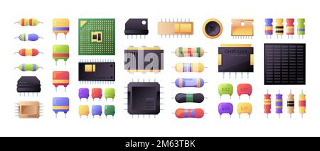 Semiconductor collection. Electrical components chip capacitor microchip processor battery resistor of semiconductor colleciton illustration component Stock Vector