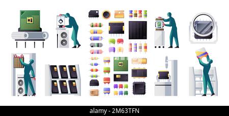 Semiconductor manufacturing. Electronic circuitry production with computer lab equipment, hardware device service. Vector flat set of electronic manufacturing, microchip and equipment illustration Stock Vector