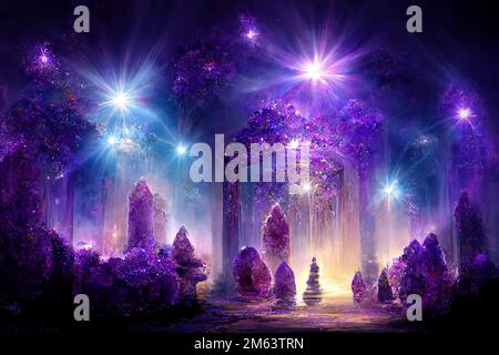 Beautiful crystal heaven. Crystal gate with crystals. Crystal kingdom. Digital art. Stock Photo