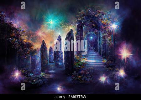 Beautiful crystal heaven. Crystal gate with crystals. Crystal kingdom. Digital art. Stock Photo