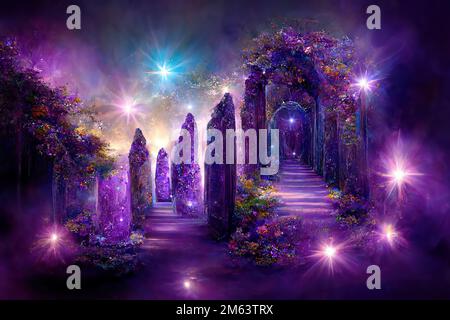 Beautiful crystal heaven. Crystal gate with crystals. Crystal kingdom. Digital art. Stock Photo