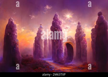 Beautiful crystal heaven. Crystal gate with crystals. Crystal kingdom. Digital art. Stock Photo