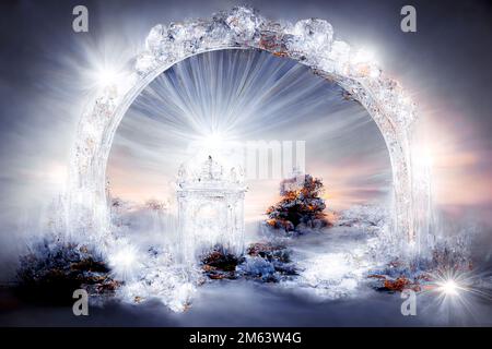 Beautiful crystal heaven. Crystal gate with crystals. Crystal kingdom. Digital art. Stock Photo