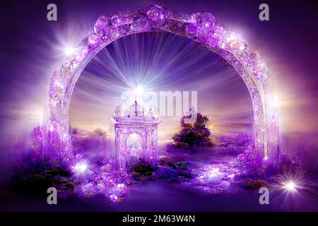 Beautiful crystal heaven. Crystal gate with crystals. Crystal kingdom. Digital art. Stock Photo