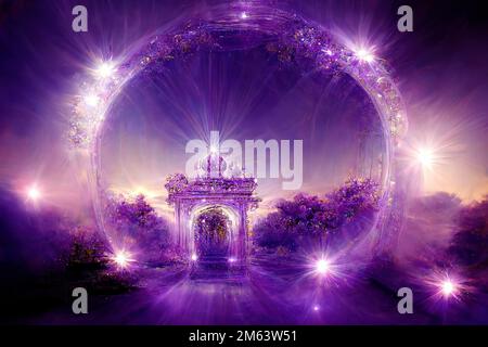 Beautiful crystal heaven. Crystal gate with crystals. Crystal kingdom. Digital art. Stock Photo