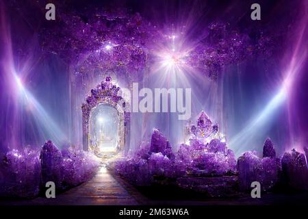 Beautiful crystal heaven. Crystal gate with crystals. Crystal kingdom. Digital art. Stock Photo