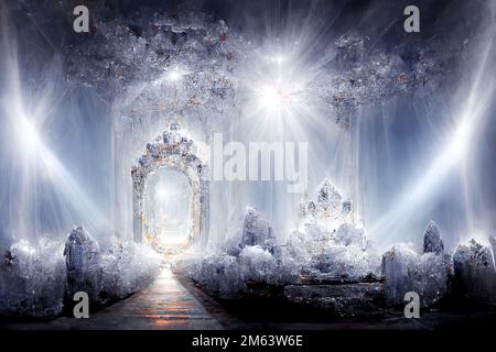 Beautiful crystal heaven. Crystal gate with crystals. Crystal kingdom. Digital art. Stock Photo