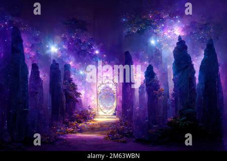 Beautiful crystal heaven. Crystal gate with crystals. Crystal kingdom. Digital art. Stock Photo