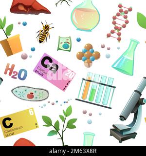 Chemistry items seamless pattern. Science items picture. Study of living cells of plants, animals and humans. Isolated on white background. Vector. Stock Vector