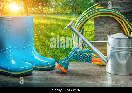 blue rubber rain boots watering can sprayer gan hose on table in spring sunny sunrise garden Stock Photo