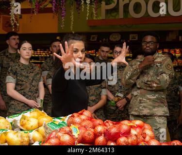 Ms. Deborah Harris, Defense Commissary Agency dietician, gives a tour of the commissary during a nutrition, shopping and cooking based course hosted by the Single Marine Program on Marine Corps Base Quantico, Virginia, March 30, 2022. The two day event consisted of knowledge and skills training, and practical application where Marines showcased the skills they learned through an end of course cook-off. . MCBQ,Mitchell Johnson,Nutrition,Quantico,Single Marines Program,cooking, Stock Photo