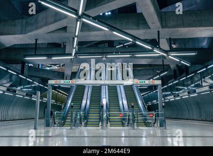 The Escalator at Fovam ter metro line 4 station in Budapest, Hungary Stock Photo