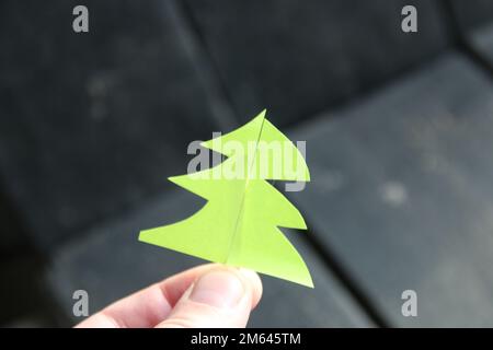 Nature background. Male hand holding a fir tree made of paper Stock Photo
