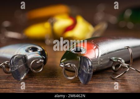 Colorful Fishing Lures, Wobbler, Spinner, on Wood Desk Different Fishing  Baits Stock Image - Image of aqua, jerk: 239031131